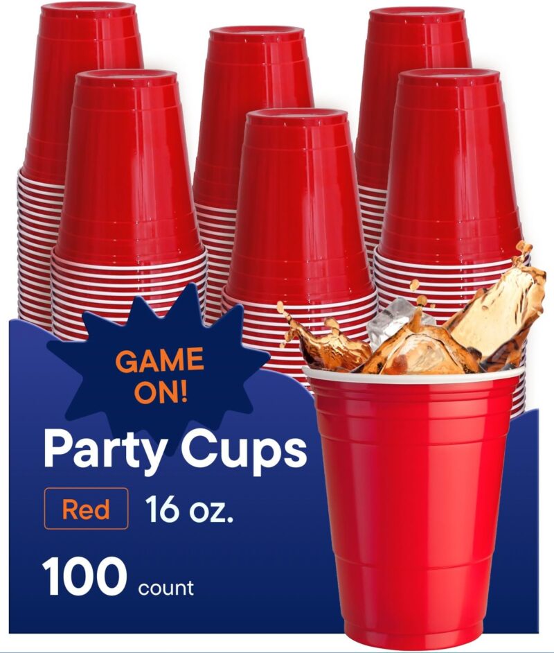 Red Cups - Party Cups - Disposable Plastic Cups [16 oz - 100 Pack] Fun & Durable Party Cups for Drinking & Playing - Bulk Case of 100 Cups