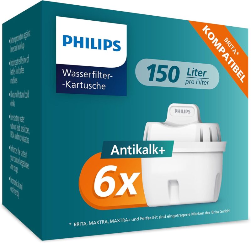 Philips Water Softening+ Water Filter Cartridge, 6-pack, Brita Compatible, Up to 50% Water Hardness Reduction