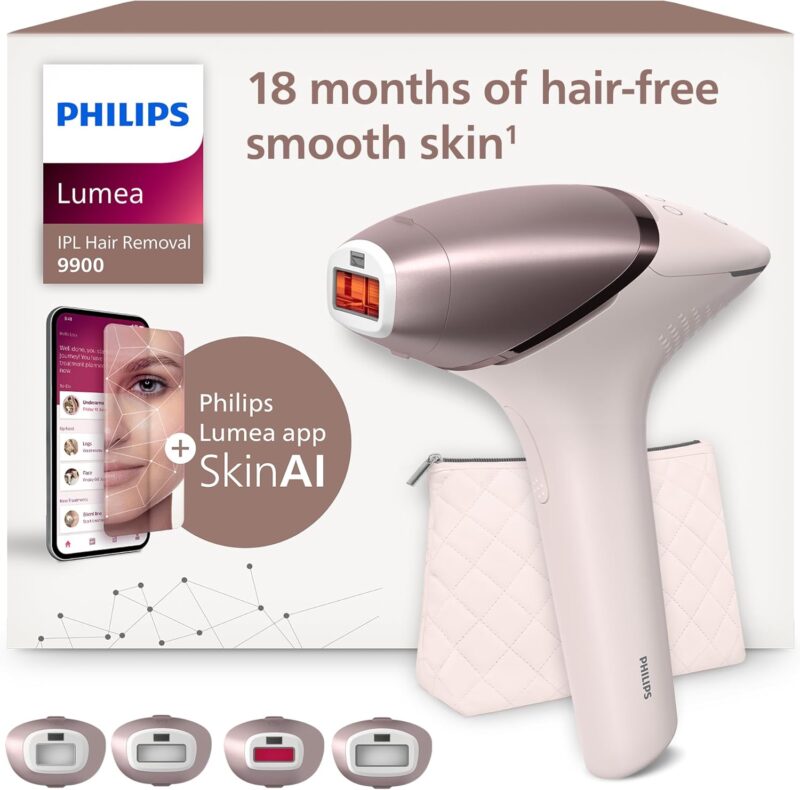 Philips Lumea 9900 Series IPL Hair Removal Device with SenseIQ and SkinAI Technology, 4 Attachments for Body, Face, Bikini Line and Underarms, Cordless, Model BRI951/00