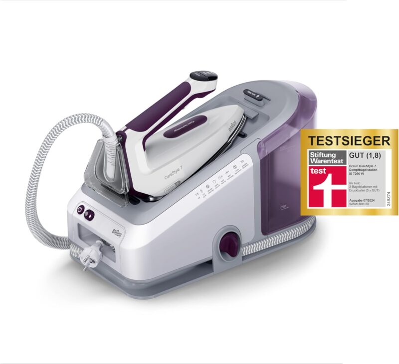 Braun CareStyle 7 IS 7266 VI Steam Ironing Station, FreeGlide 3D Soleplate, iCare, iMode & Vertical Steam Function, FastClean, Steam Boost 550 g/min, Removable 2 L Water Tank, 2700 W, White/Purple