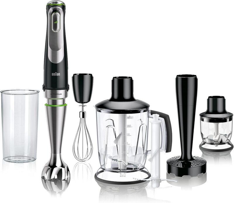 Braun MultiQuick 9 MQ Hand Blender - with Active PowerDrive and SplashControl, incl. Masher, Vegetable Masher, Blender, Chopper & Whisk, 1200 Watt, Black/Stainless Steel