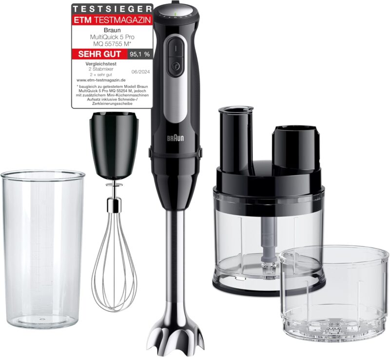 Braun MultiQuick 5 Pro MQ55755M - Electric Hand Blender with 25 Speed ​​Levels, Easy Click System Plus, 4-Piece Accessory Set, 1000 Watt, Black