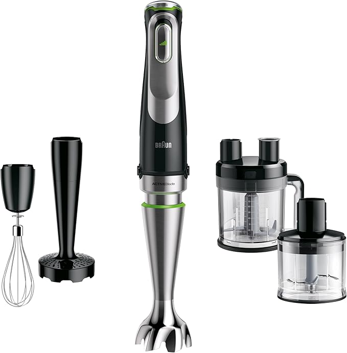 Braun MultiQuick 9 MQ Hand Blender - with Active PowerDrive and SplashControl, incl. Masher, Vegetable Masher, Blender, Chopper & Whisk, 1200 Watt, Black/Stainless Steel