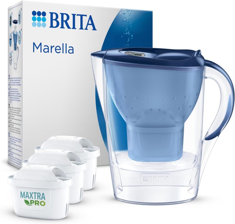 Brita Marella Water Filter Jug Blue (2.4 L) incl. 3 x Maxtra Pro All-in-1 Cartridge - Filter for Reducing Limescale, Chlorine, Lead, Copper and Taste-Disturbing Substances in Water