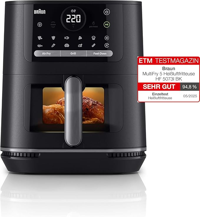 Braun MultiFry 5 HF5073IBK, 3-in-1 Hot Air Fryer, 6L Airfryer, 80-220°, 20 Programs, Dishwasher Safe Basket, Touch Control, RealOven Technology, 2000W, Black