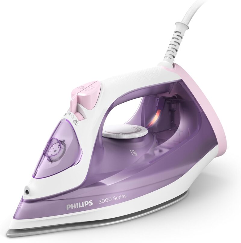 Philips Steam Iron 3000 Series – 2,000 W, Constant Steam Output of 30 g/min, 140 g Steam Boost, Ceramic Soleplate, Vertical Steam, Purple/White (DST3010/30)