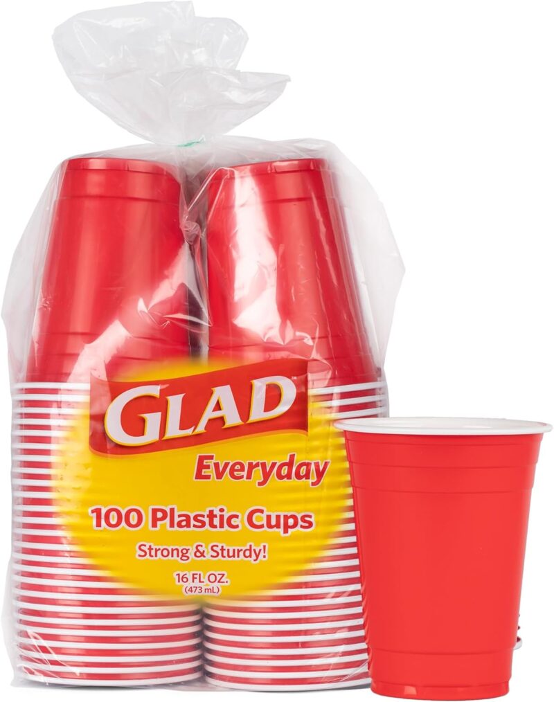 Glad Everyday Disposable Plastic Cups - Red Plastic Party Cups for All Occasions - Heavy Duty Plastic Drinking Cups for Parties or Everyday - 16 Ounce, 100 Count