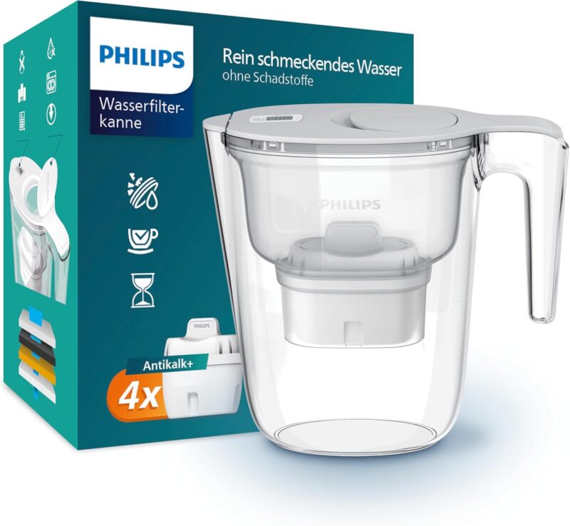 Philips Water Water Filter Jug + 4 Anti-Limescale + Replacement Filter Cartridges Fast Flow Electronic Timer Reduces Water Hardness by up to 50 Percent 2.6 L
