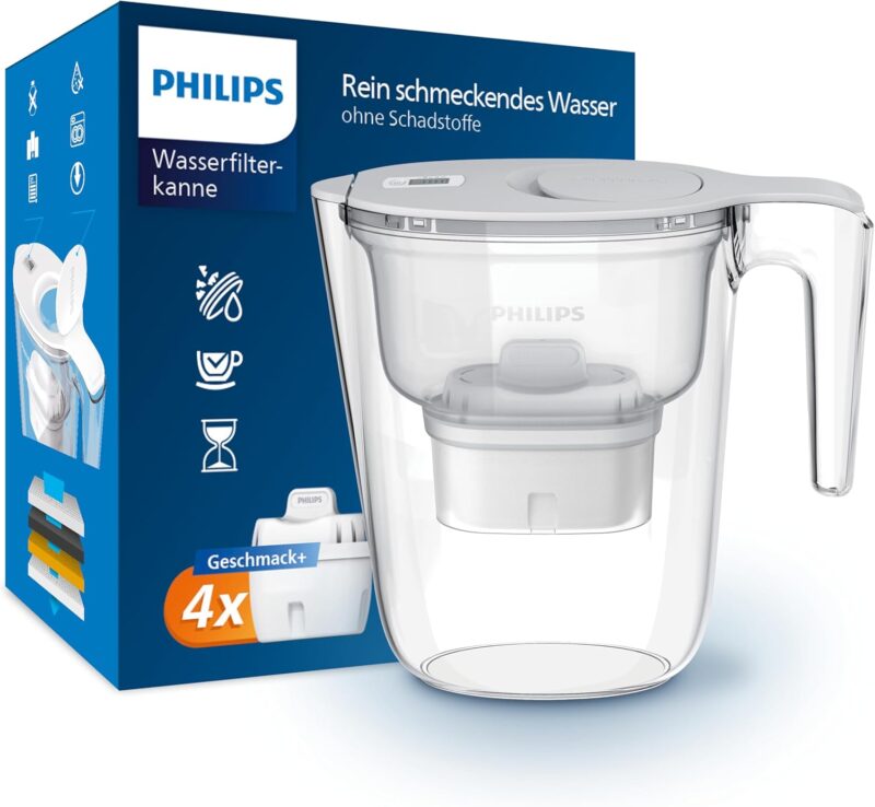Philips Water Filter Jug +4 Micro X-Clean Replacement Filter Cartridges, Fast Flow, White, 2.6 Liters, Electronic Timer