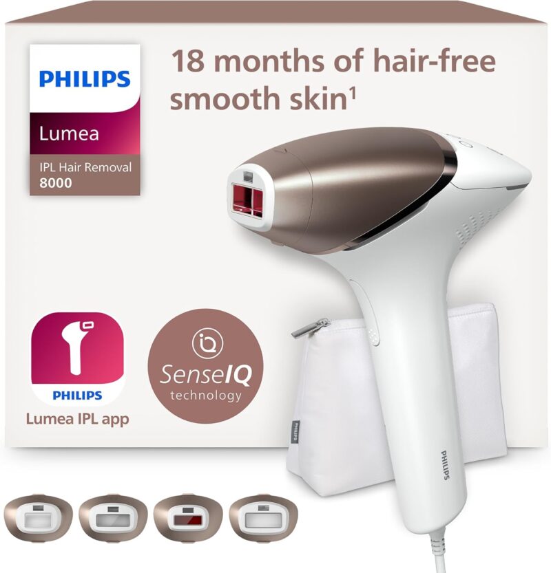 Philips Lumea 8000 Series IPL Hair Removal Device - Hair Removal Device with SenseIQ Technology, 4 Attachments Body, Face, Bikini Line and Underarms, for Corded Use (Model BRI948/00)