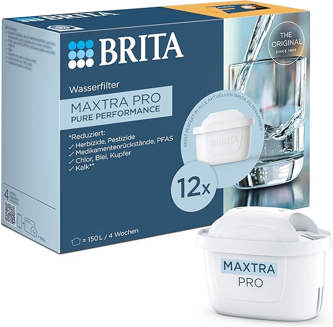 BRITA Maxtra Pro All-in-1 Water Filter Cartridge, Pack of 12 (Annual Stock), Replacement Cartridges Reduce Limescale, Chlorine, Pesticides and Impurities for Tap Water with Better Taste