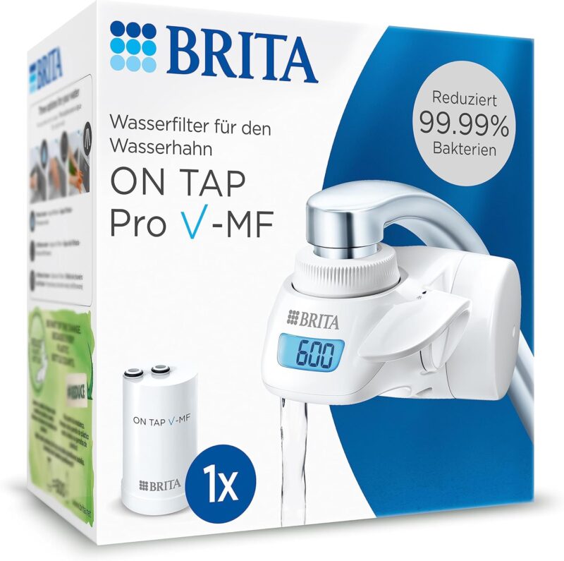 BRITA Water filter for tap on tap Pro V-MF including 1 filter cartridge (600 l) - reduces 99.99% bacteria, chlorine, microplastics and heavy metals / digital LCD display shows residual capacity