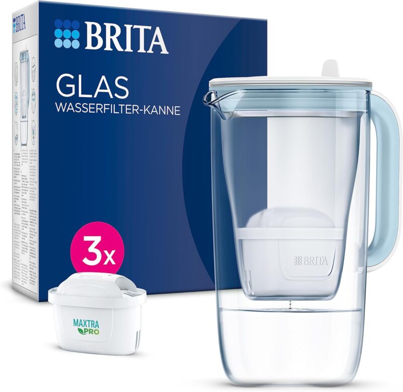 BRITA Glass Water Filter, Premium Jug, Light Blue (2.5 L), Includes 3 x MAXTRA PRO All-in-One Cartridge, Robust and Lightweight/Reduces Limescale, Chlorine, Metals such as Lead and Copper