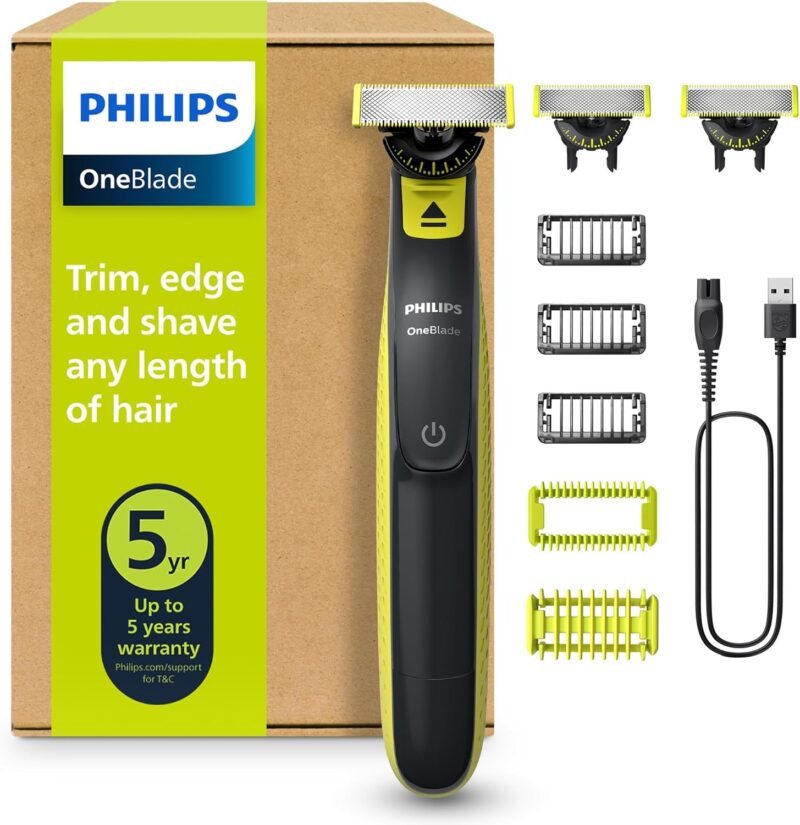 PHILIPS OneBlade 360 Face & Body Electric Shaver, Trimmer & Body Groomer, 3 x 360 Blades, 3 x Trimming Attachments (1/3/5 mm), 2 x Body Attachments, Wet & Dry Shaving for Face & Body (QP2824/31)
