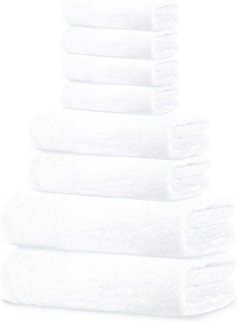 Tens Towels Pack of 8 Towels Set, 2 Extra Large Bath, 2 Hand, 4 Washcloths, 100% Cotton, Lighter Weight, Quicker to Dry, Super Absorbent, Perfect for Bathroom, White