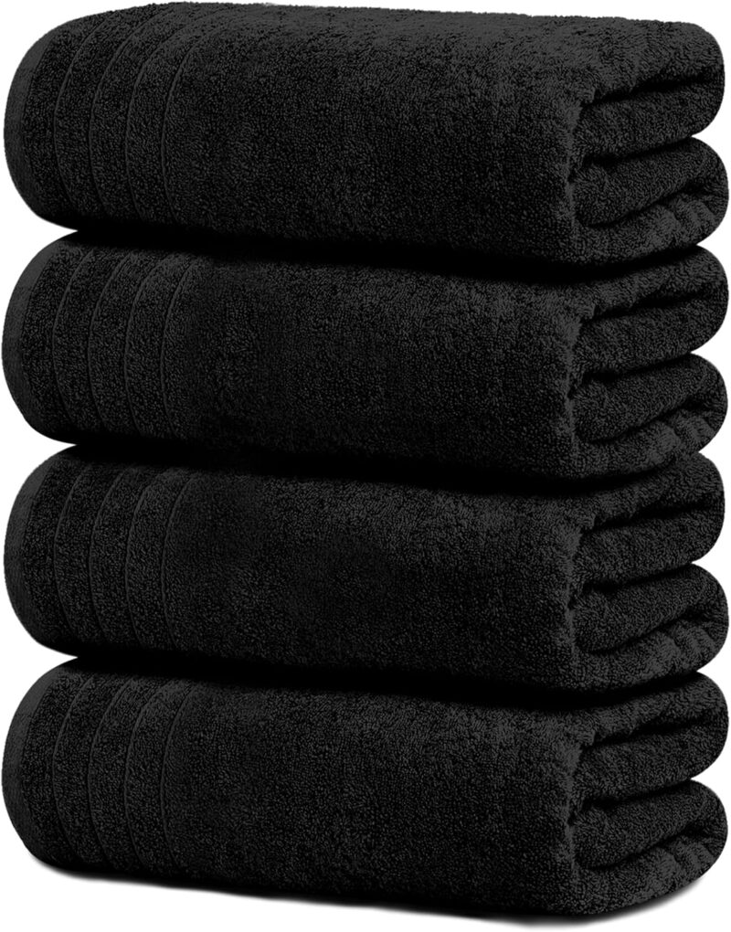 Tens Towels Pack of 4 Extra Large Bath Towels 30 x 60 Inches, 100% Cotton, Larger & Lighter Weight, Quicker to Dry, Super Soft and Absorbent, Perfect for Bathroom, Black