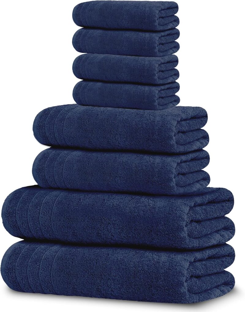 Tens Towels Pack of 8 Towels Set, 2 Extra Large Bath, 2 Hand, 4 Washcloths, 100% Cotton, Lighter Weight, Quicker to Dry, Super Absorbent, Perfect for Bathroom, Navy