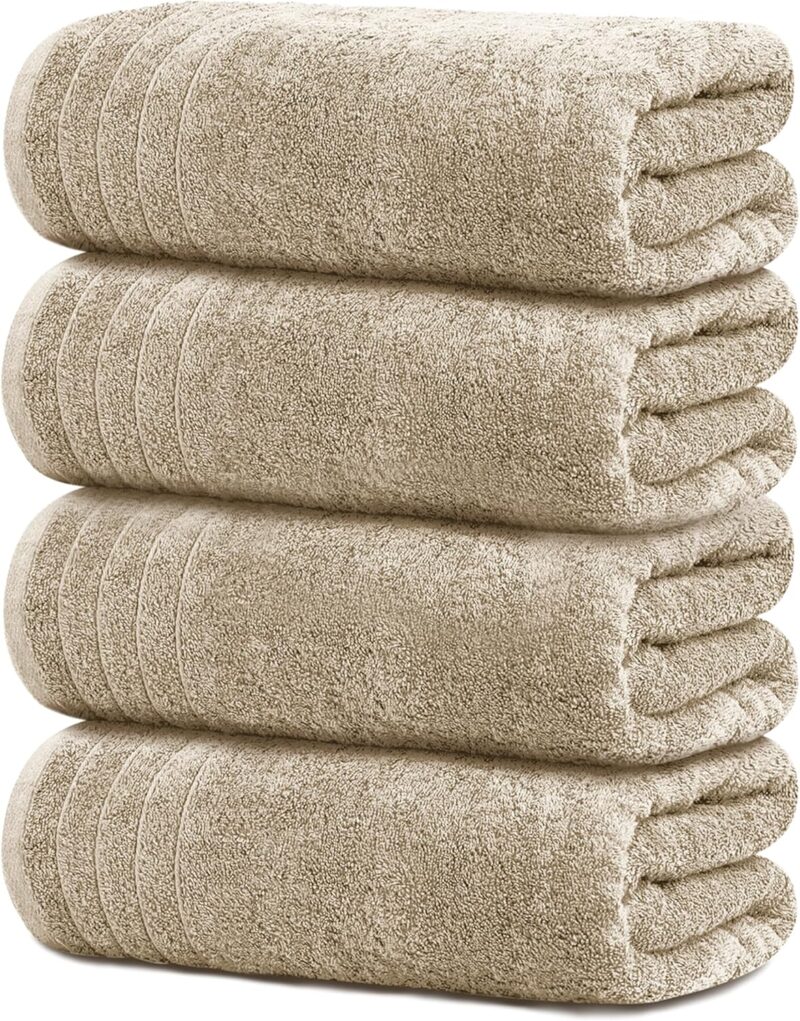 Tens Towels Pack of 4 Extra Large Bath Towels 30 x 60 Inches, 100% Cotton, Larger & Lighter Weight, Quicker to Dry, Super Soft and Absorbent, Perfect for Bathroom, Beige