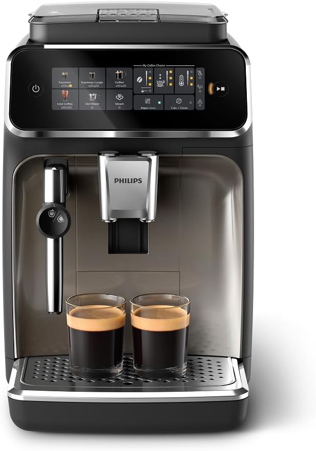 Philips 3300 Series Fully Automatic Espresso Machine with integrated milk frother and grinder, 5 Hot & Iced Coffee Pre-Sets
