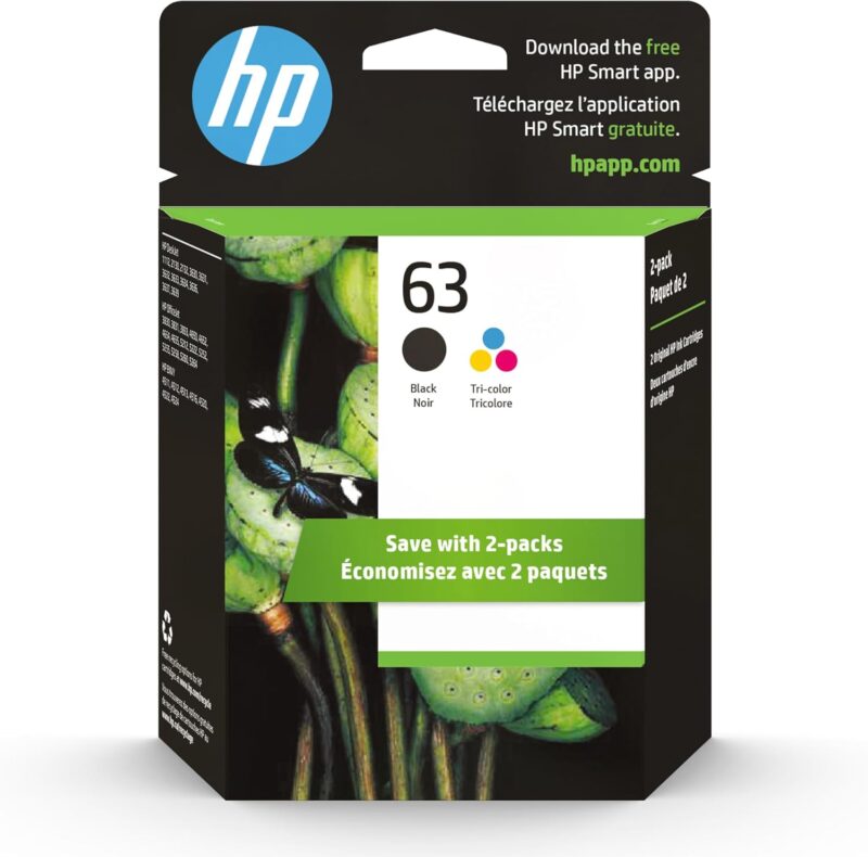 HP 63 Black, Tri-Color Ink Cartridge Printers (2-Pack)