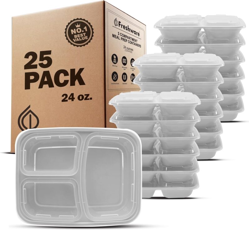 Freshware Meal Prep Containers [25 Pack] 3 Compartment with Lids, Food Storage Containers Freezer Safe (24 oz)
