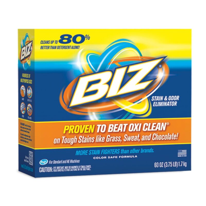 Biz Laundry Detergent Powder Booster, Stain & Odor Eliminator for Tough Stains Like Grass Sweat Chocolate, Enzyme Laundry Booster, Oxygen Bleach Powder, 4 Stain Fighters, Color Safe, HE Safe, 60 Oz